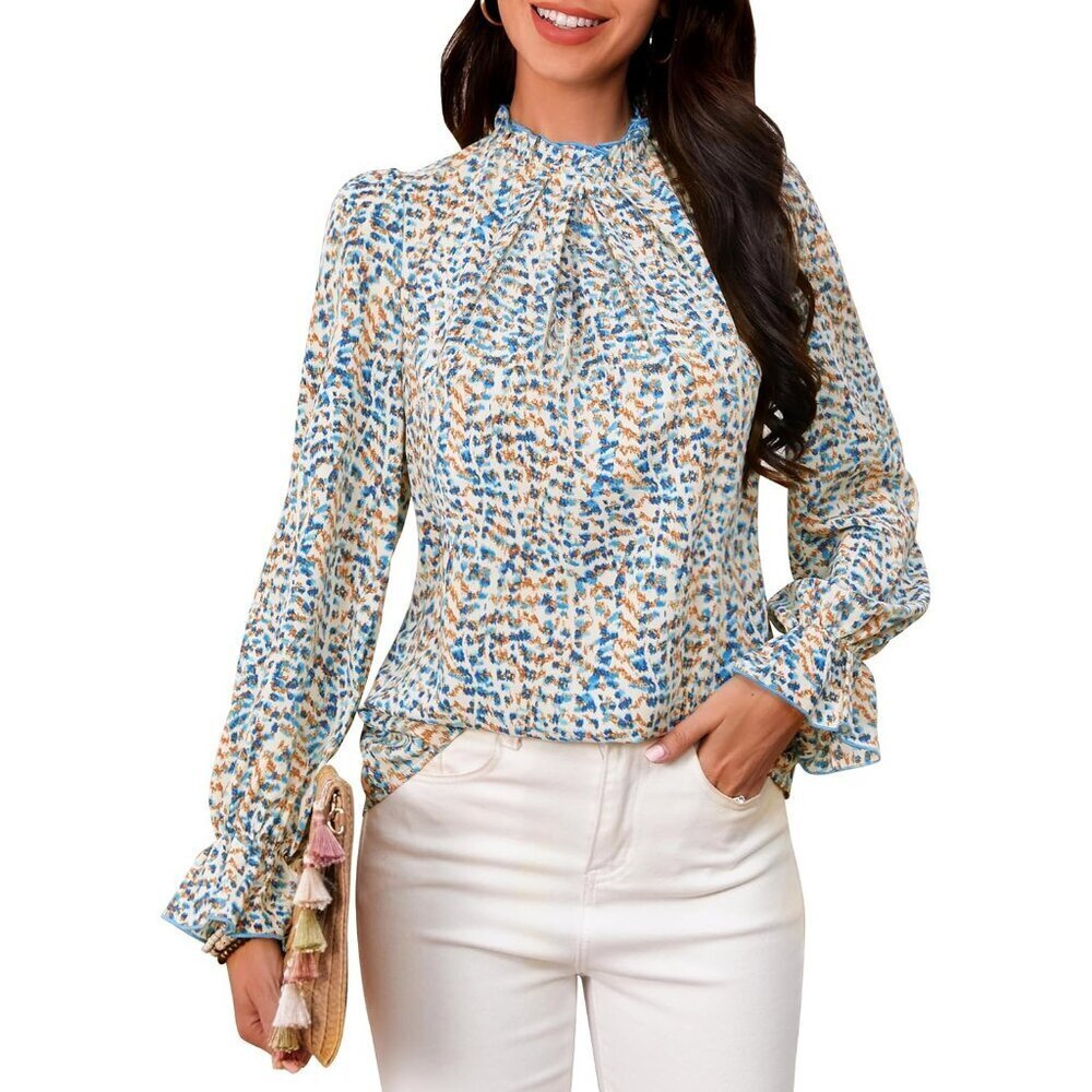 Womens Polyester Boho Long Sleeve Top Mock Neck Casual Vacation Work Blouse